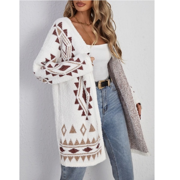 White Open Cardigan Aztec Print Long Sleeve Knee Length - Picture 4 of 7